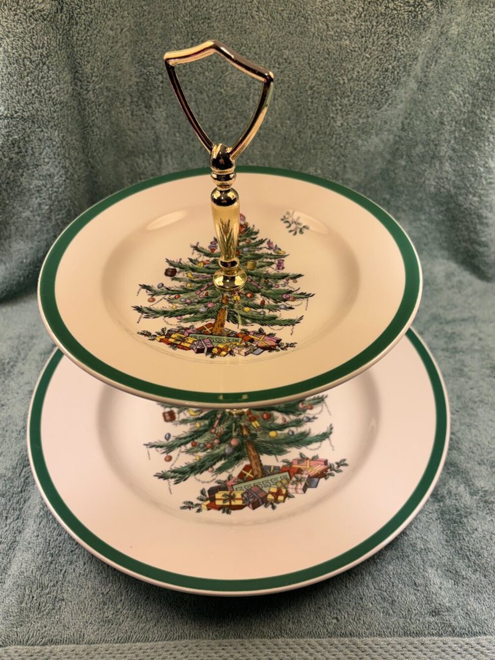 Spode Christmas Tree Double Tier Tray Made in England Boxed S3324-A0 Gold Stand